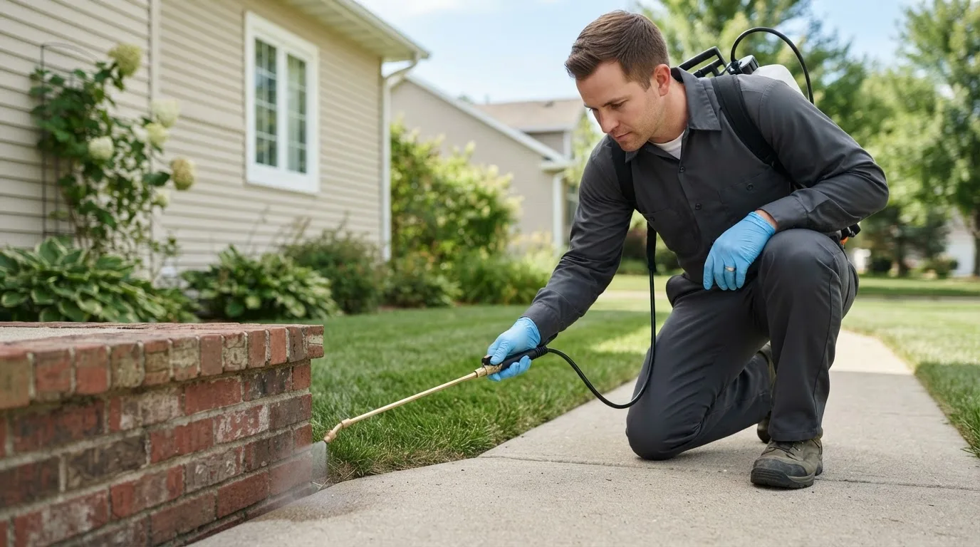 Pest control technician treating a home near Fritch, TX